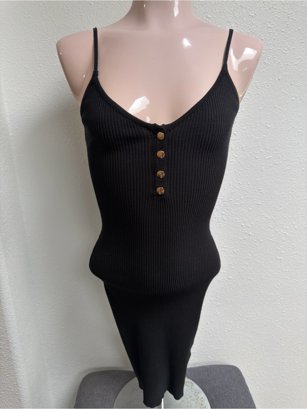 Hera Collection Black Ribbed Button Front Bodycon Midi Dress S Y2K